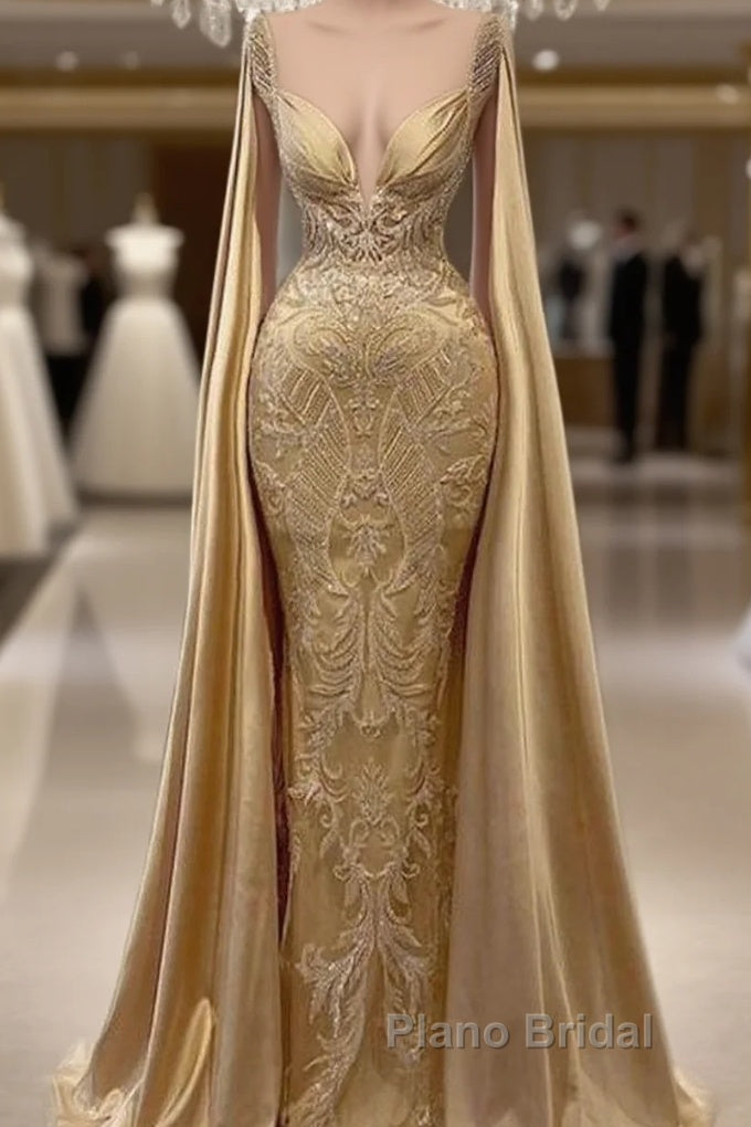 Gold Mermaid Formal Prom Dresses With Wrap Beaded Lace Appliqued Evening Dresses Party Second Reception Gowns Plus Size Main image
