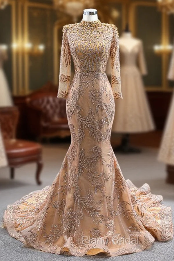Gold Mermaid Sequins High Neck Pearls Formal Prom Dresses