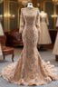 Gold Mermaid Sequins High Neck Pearls Formal Prom Dresses
