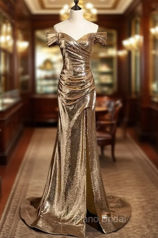 Gold Mermaid Sequins Off the Shoulder Pleats Formal Prom Dresses Main image