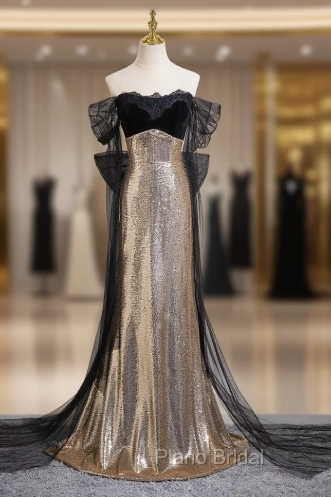 Gold Mermaid Sequins Off the Shoulder Formal Prom Dresses With Bow