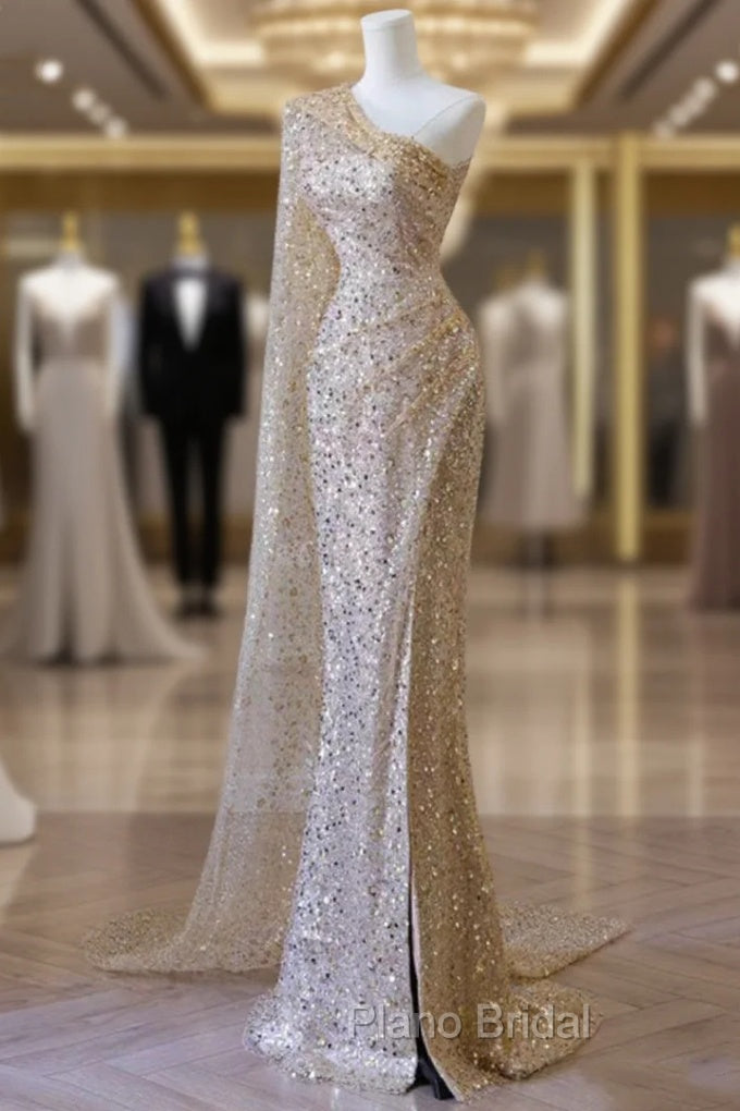 Gold Mermaid Sequins One Shoulder Formal Prom Dresses Main image