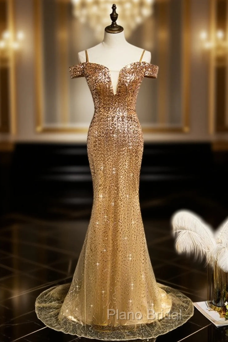 Gold Mermaid Sequins Spaghetti Straps Formal Prom Dresses