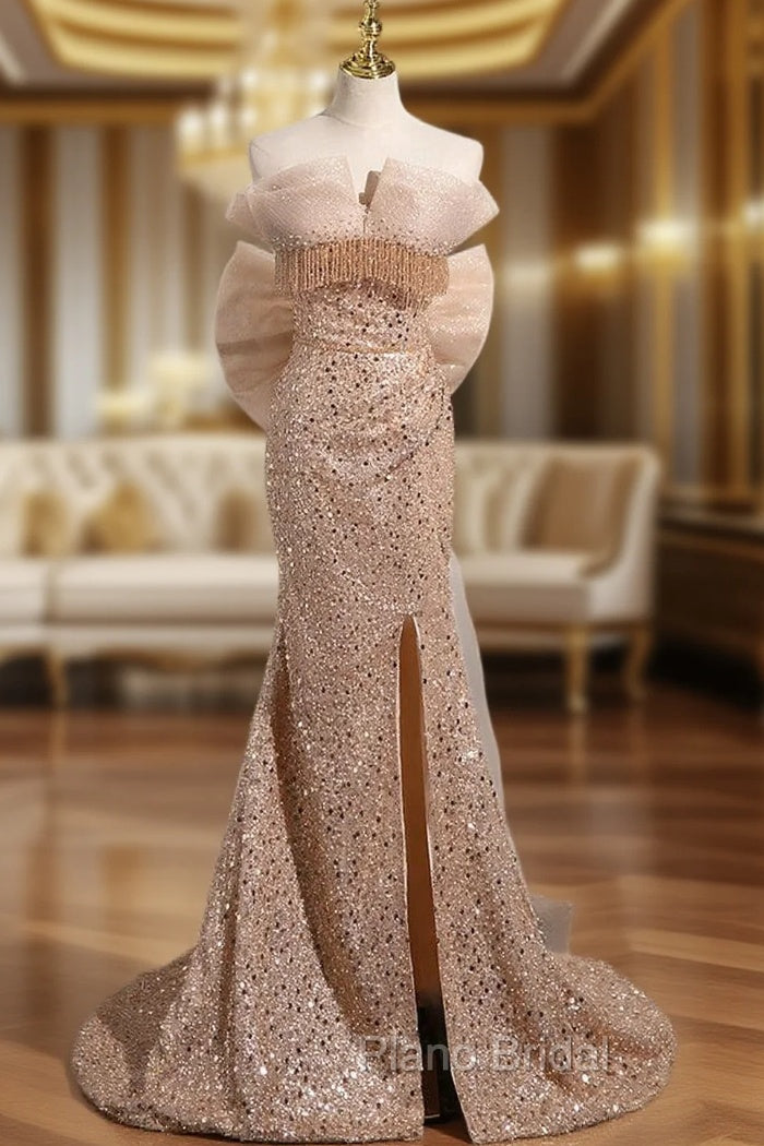 Gold Mermaid Sequins Strapless Beading Formal Prom Dresses Main image