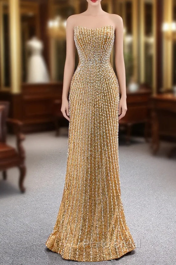 Gold Mermaid Sequins Strapless Pearls Formal Prom Dresses Main image