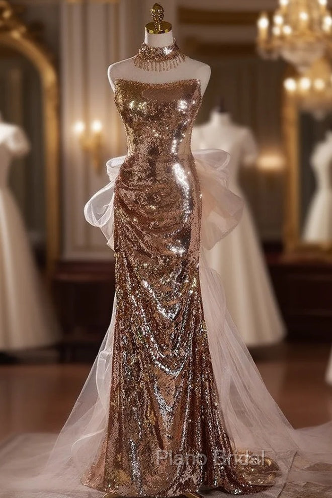 Gold Mermaid Sequins Strapless Pleats Formal Prom Dresses Main image