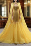 Gold Mermaid Tulle Sequins Crystal Spaghetti Straps Formal Prom Dresses With Shawl