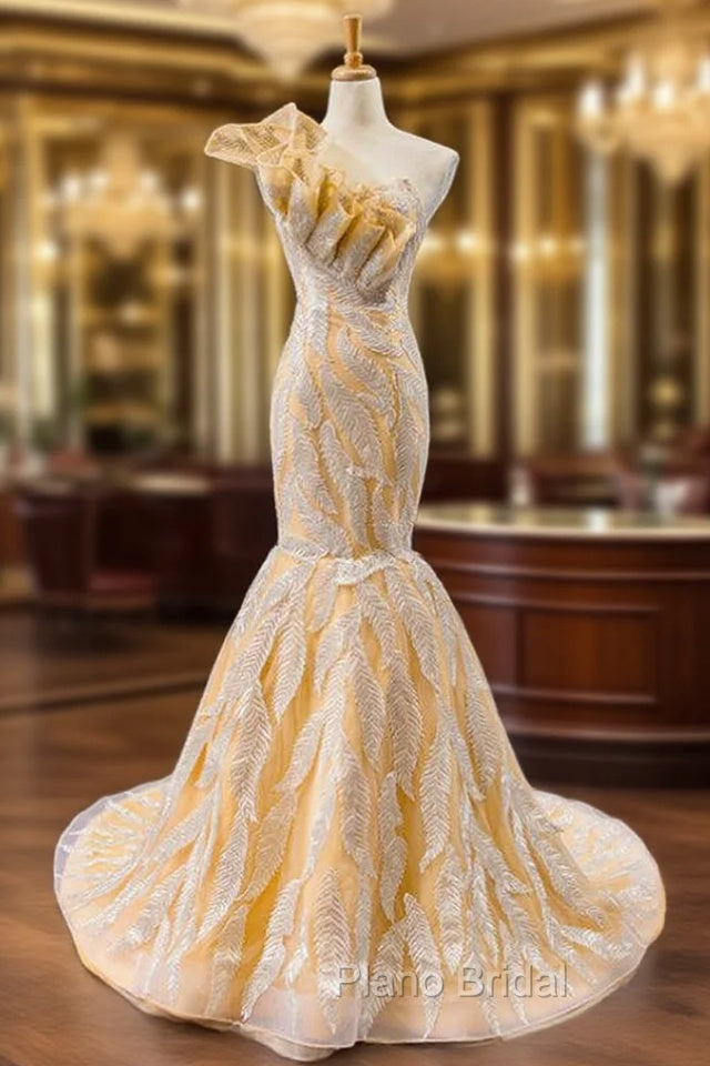 Gold Mermaid Tulle Sequins One Shoulder Long Formal Prom Dresses Main image