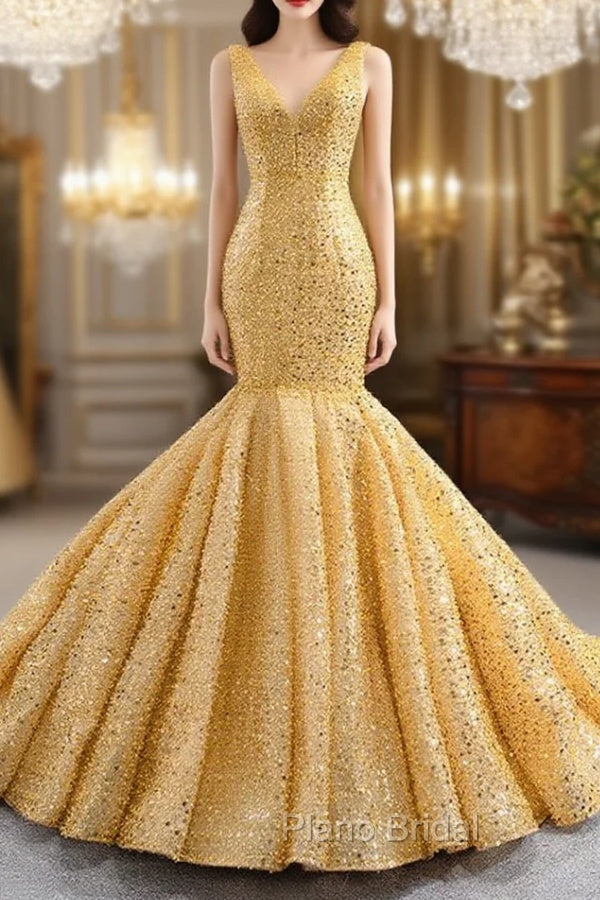 Gold Mermaid V-neck Sequins Pearls Formal Prom Dresses Main image