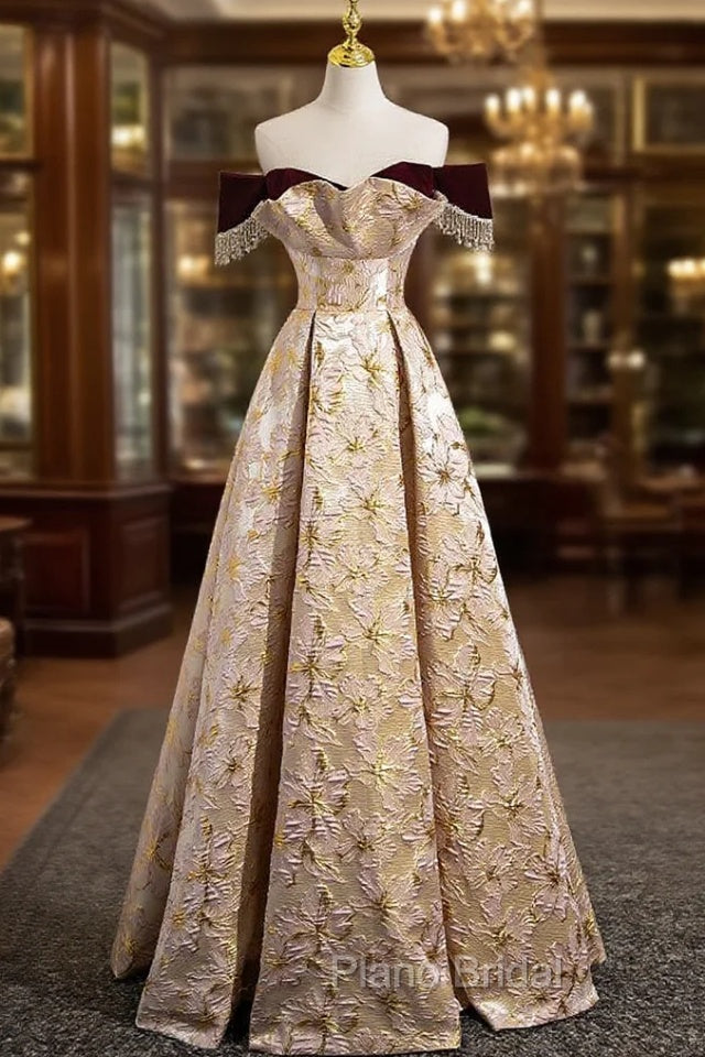 Gold Off The Shoulder Beading Formal Prom Dresses