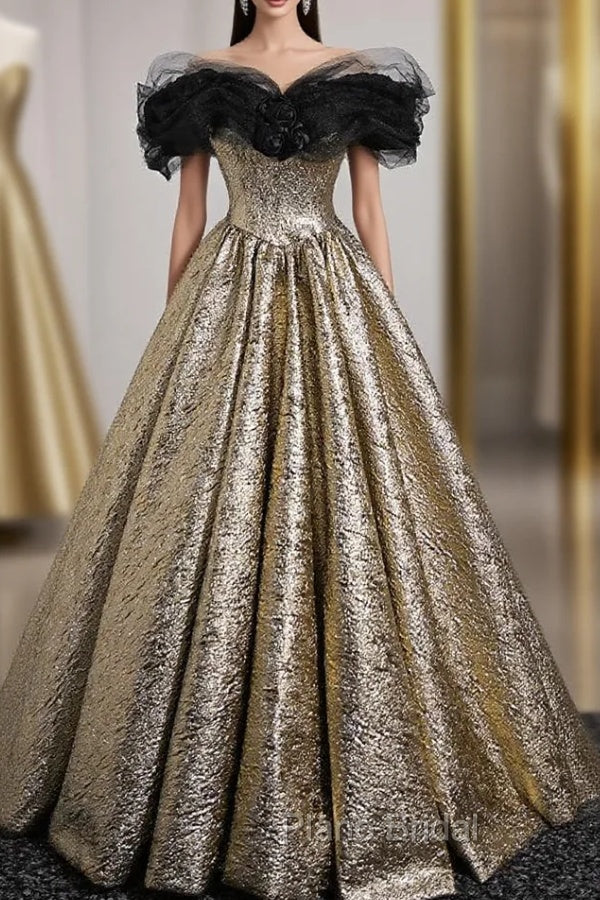 Gold Off the Shoulder Black Flower Formal Prom Dresses