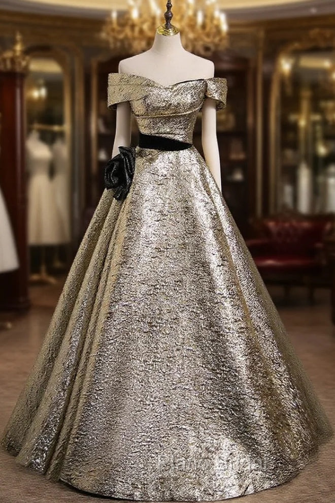 Gold Off the Shoulder Flower Formal Prom Dresses