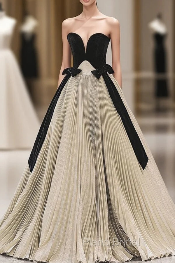 Gold Pleats Strapless Black Velvet Formal Prom Dresses