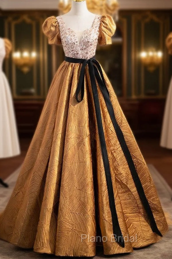 Gold Puff Sleeve Square Sequins Formal Prom Dresses