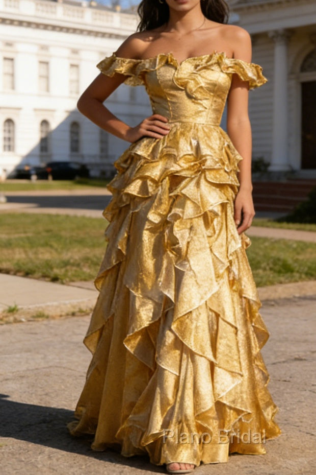 Gold Ruffled A-Line Square Neck Long Prom Dress Main image
