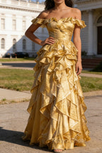 Gold Ruffled A-Line Square Neck Long Prom Dress