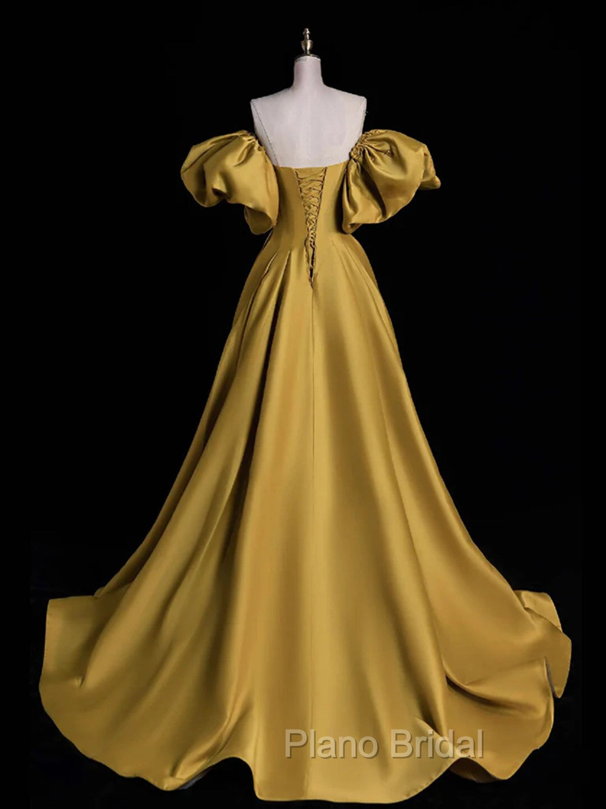 Gold Satin A-line Lace-up Long Party Dresses with Sleeves, Gold Satin Formal Prom Dresses Secondary image