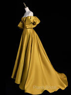 Gold Satin A-line Lace-up Long Party Dresses with Sleeves, Gold Satin Formal Prom Dresses