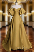 Gold Satin A-line Lace-up Long Party Dresses with Sleeves, Gold Satin Formal Prom Dresses