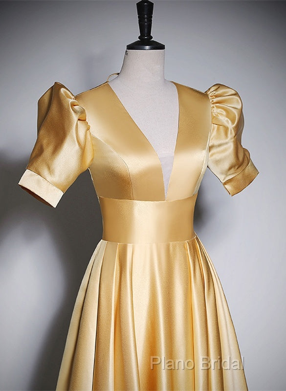 Gold Satin A-Line Short Sleeves Floor Length Party Dresses, Gold Simple Formal Dresses Secondary image