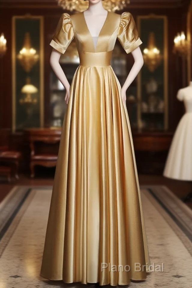 Gold Satin A-Line Short Sleeves Floor Length Party Dresses, Gold Simple Formal Dresses Main image