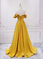 Gold Satin A-line Sweetheart Long Junior Formal Prom Dresses, Floor Length Satin Evening Dresses