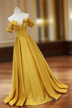 Gold Satin A-line Sweetheart Long Junior Formal Prom Dresses, Floor Length Satin Evening Dresses