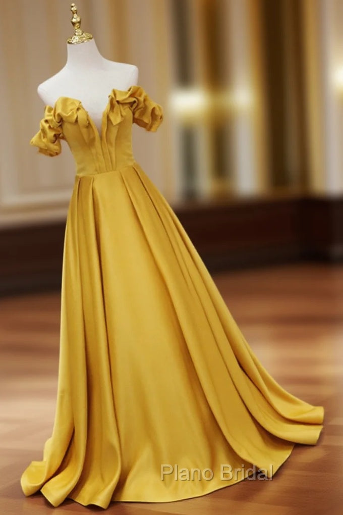 Gold Satin A-line Sweetheart Long Junior Formal Prom Dresses, Floor Length Satin Evening Dresses