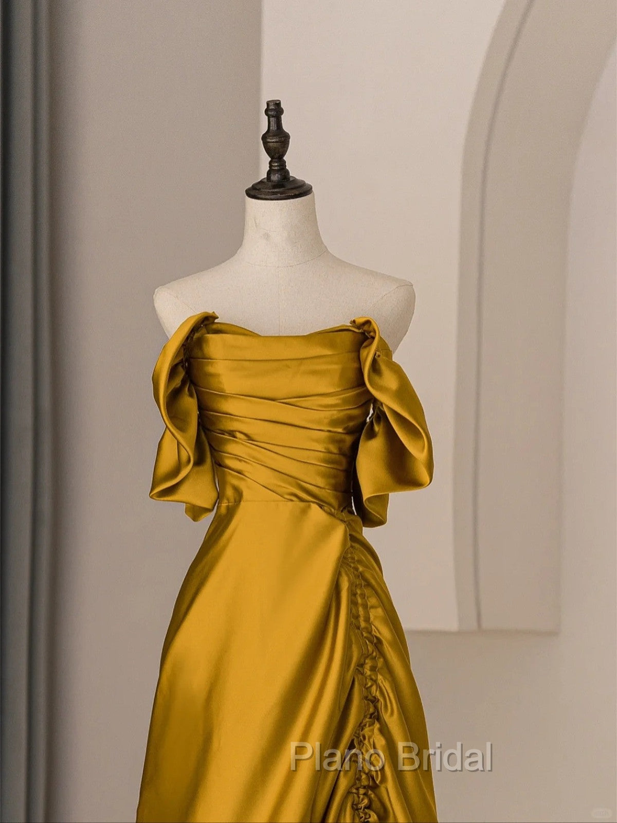 Gold Satin Off Shoulder Long Evening Dresses, Gold Satin Formal Prom Dresses