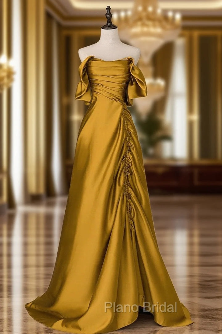 Gold Satin Off Shoulder Long Evening Dresses, Gold Satin Formal Prom Dresses Main image