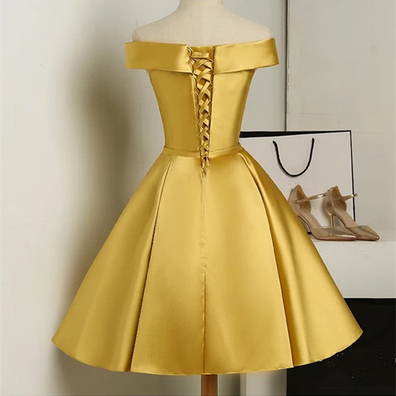Gold Satin Off Shoulder Short Formal Dresses , Lovely Formal Dresses