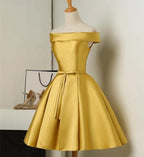 Gold Satin Off Shoulder Short Formal Dresses , Lovely Formal Dresses