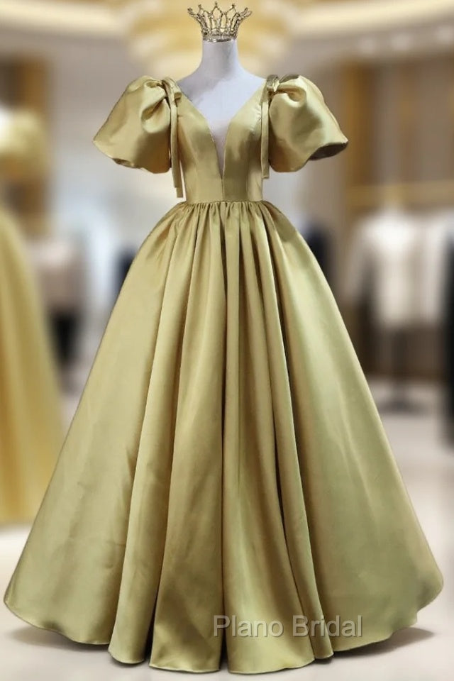 Gold Satin Puff Sleeve V-neck Formal Prom Dresses