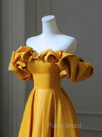 Gold Satin Sweetheart Off Shoulder A-line Formal Prom Dresses, Satin Evening Dresses
