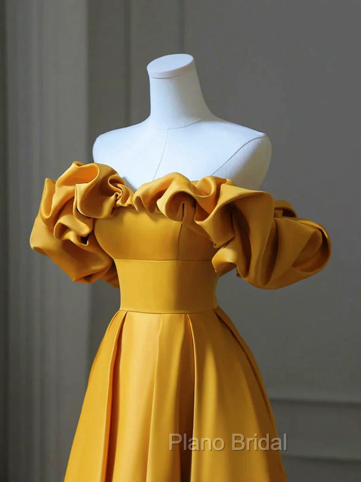 Gold Satin Sweetheart Off Shoulder A-line Formal Prom Dresses, Satin Evening Dresses