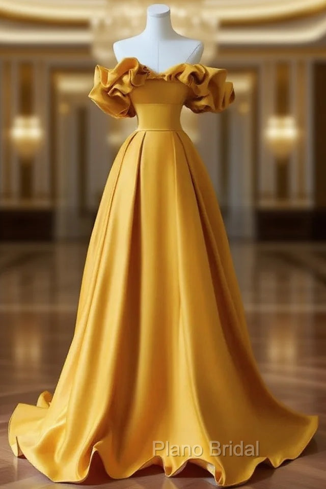 Gold Satin Sweetheart Off Shoulder A-line Formal Prom Dresses, Satin Evening Dresses Main image