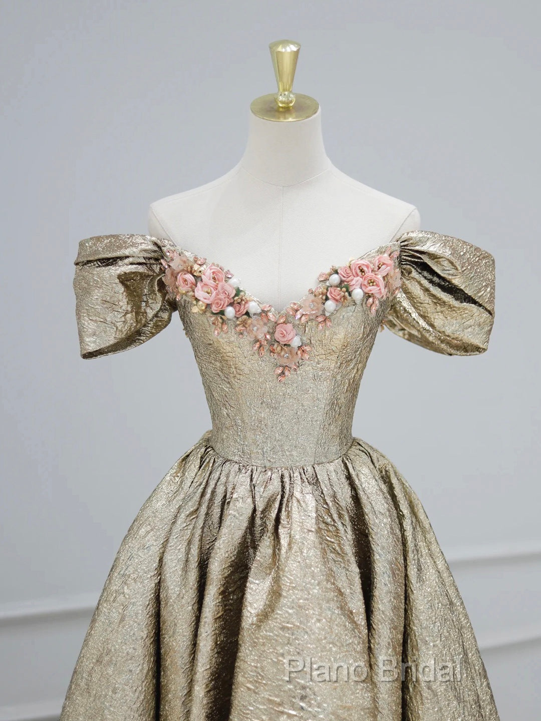 Gold Satin V-Neck Long Formal Prom Dresses With Flowers, Off The Shoulder A-Line Formal Dresses Secondary image