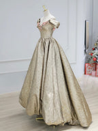 Gold Satin V-Neck Long Formal Prom Dresses With Flowers, Off The Shoulder A-Line Formal Dresses