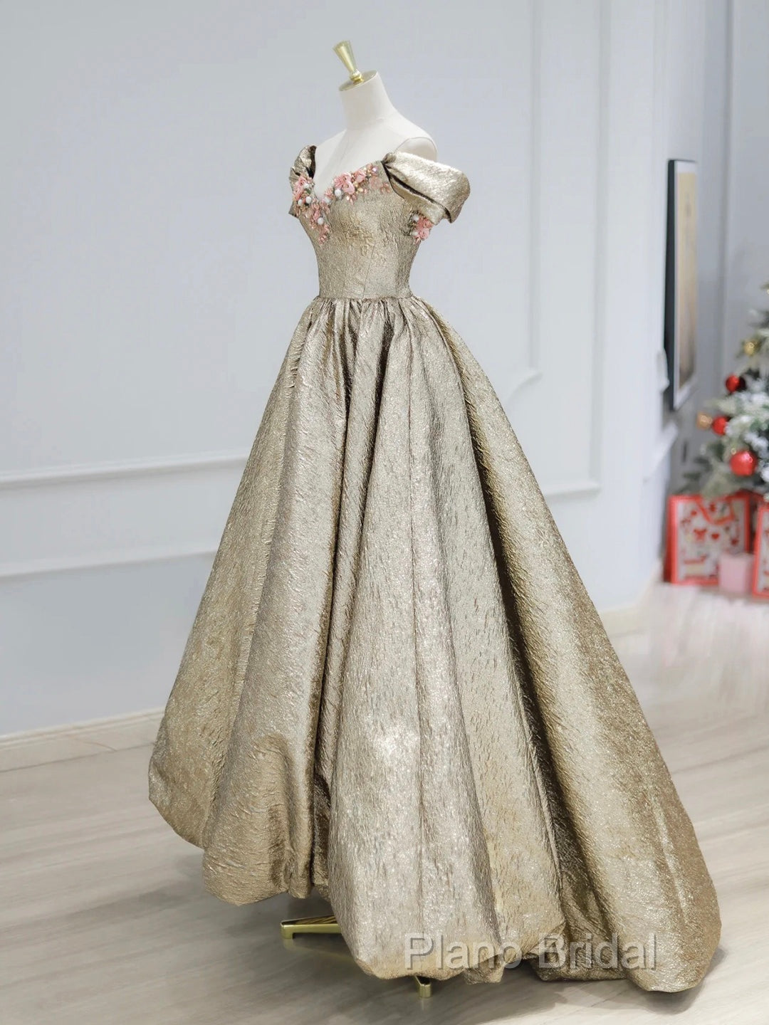 Gold Satin V-Neck Long Formal Prom Dresses With Flowers, Off The Shoulder A-Line Formal Dresses