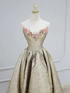 Gold Satin V-Neck Long Formal Prom Dresses With Flowers, Off The Shoulder A-Line Formal Dresses