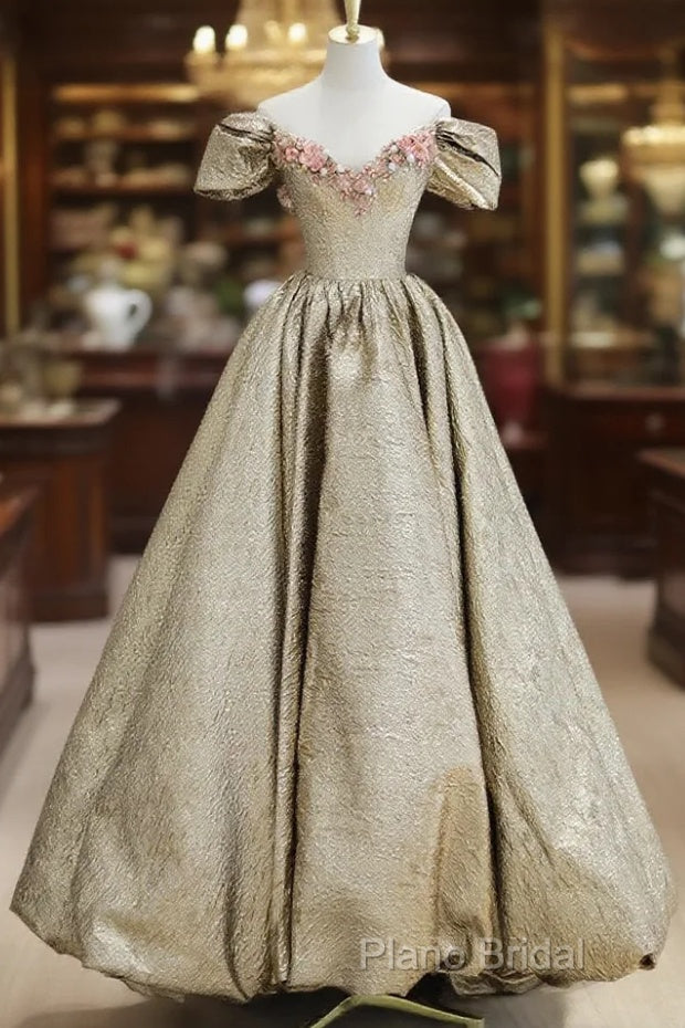 Gold Satin V-Neck Long Formal Prom Dresses With Flowers, Off The Shoulder A-Line Formal Dresses Main image