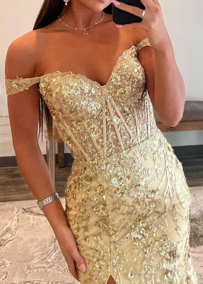 Gold Sequin Lace Off the Shoulder Mermaid Prom Dress