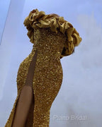Gold Sequin Mermaid Strapless Split Formal Prom Dresses