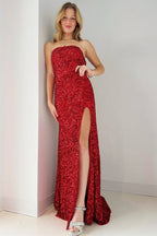 Gold Sequin Strapless Backless Mermaid Long Formal Prom Dresses With Slit