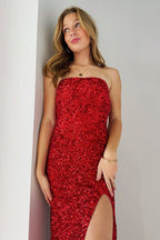 Gold Sequin Strapless Backless Mermaid Long Formal Prom Dresses With Slit