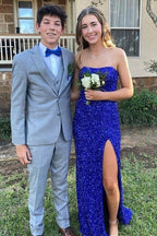 Gold Sequin Strapless Backless Mermaid Long Formal Prom Dresses With Slit
