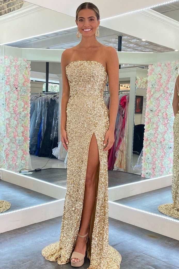 Gold Sequin Strapless Backless Mermaid Formal Prom Dresses