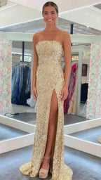 Gold Sequin Strapless Backless Mermaid Formal Prom Dresses