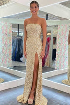 Gold Sequin Strapless Backless Mermaid Formal Prom Dresses