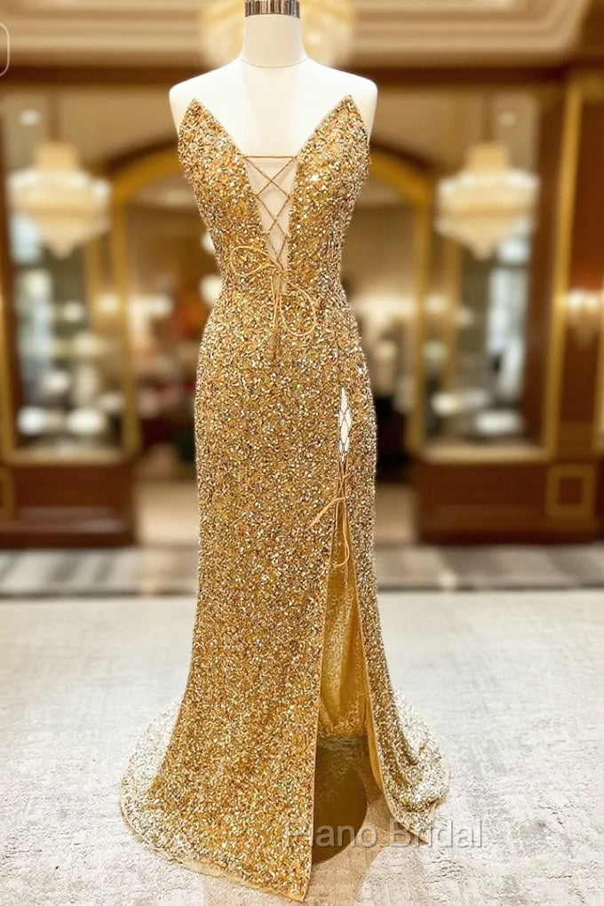 Gold Sequin Strapless Lace-Up Front Long Formal Prom Dresses with Slit